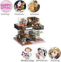 Vista 3 de Mini casa de muñecas en miniatura de madera, tienda de té del bosque, escena, modelo de construcción, casa de juguete con luces LED y cubierta