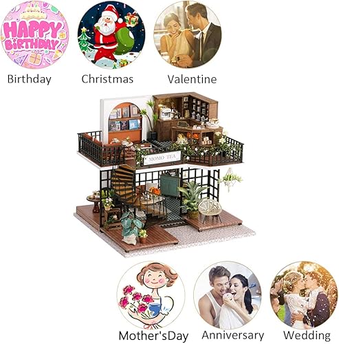 Miniatura 3 de Mini casa de muñecas en miniatura de madera, tienda de té del bosque, escena, modelo de construcción, casa de juguete con luces LED y cubierta