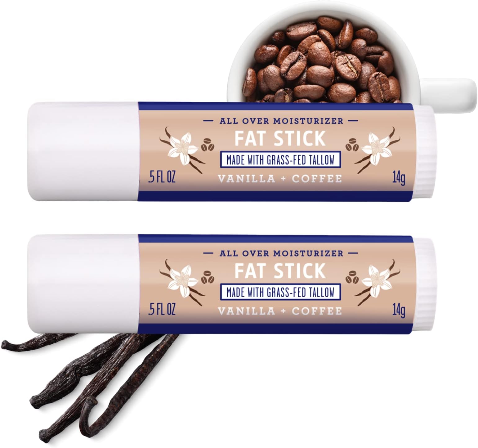 Fat Stick and All Purpose Moisturizing Stick for Dry Areas on your Face, Lips, and Body - Vanilla + Coffee (2-Pack)