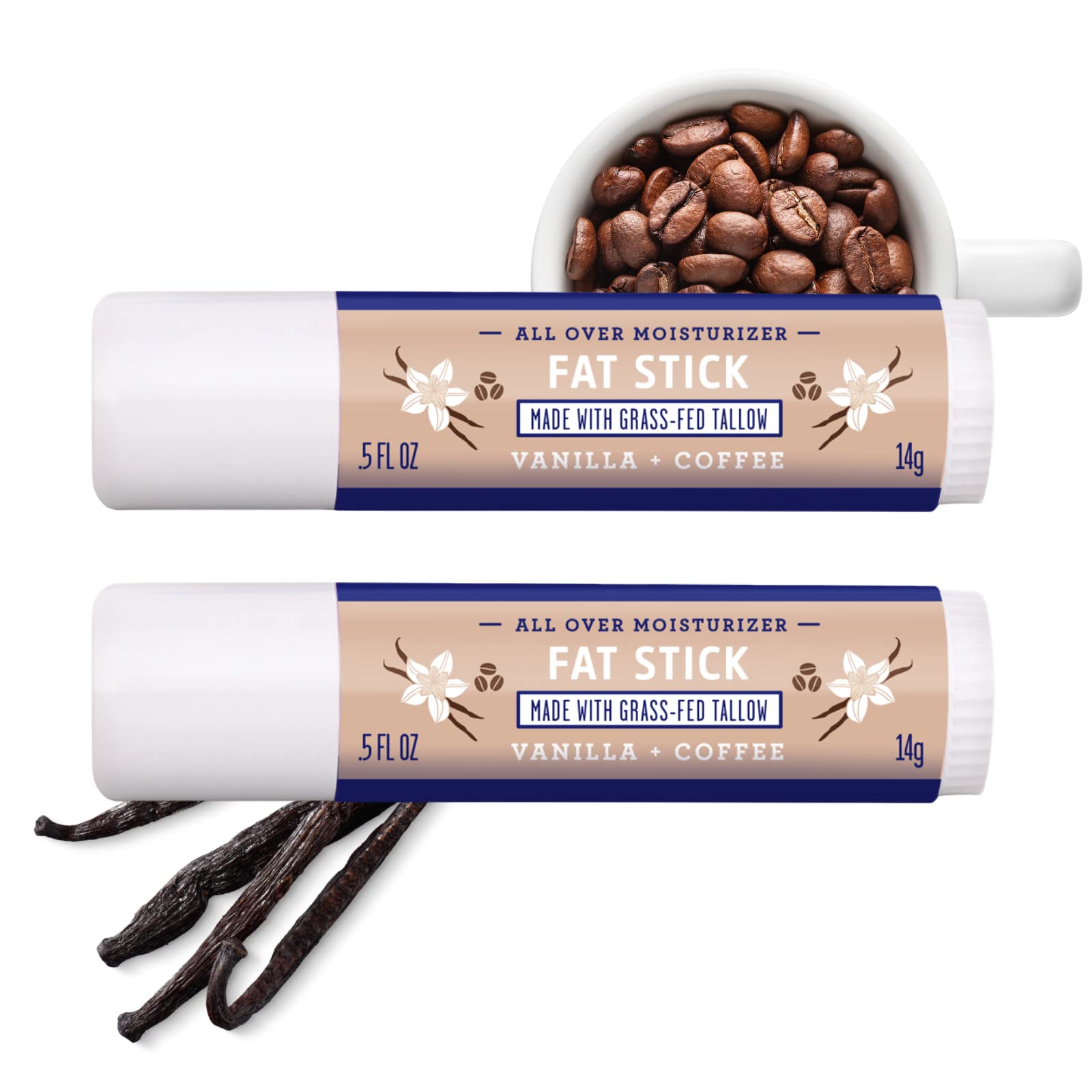 Fat Stick and All Purpose Moisturizing Stick for Dry Areas on your Face, Lips, and Body - Vanilla + Coffee (2-Pack)