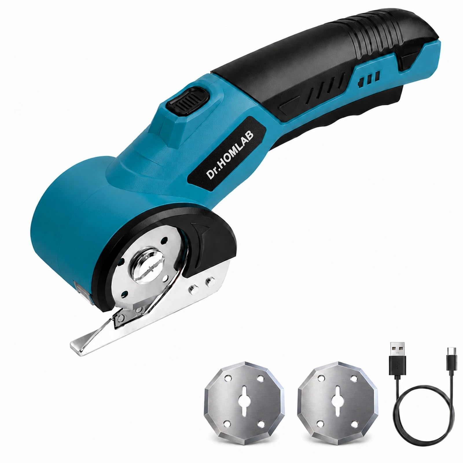 Kartonschneider, Elektrische Schere, Teppichschneider, Kabelloser Rollschneider mit 4,2V Wiederaufladbarem, 3 Selbstschärfenden Klingen, LED-Licht für Stoff, Papier, Karton, Teppich, Leder - Blau