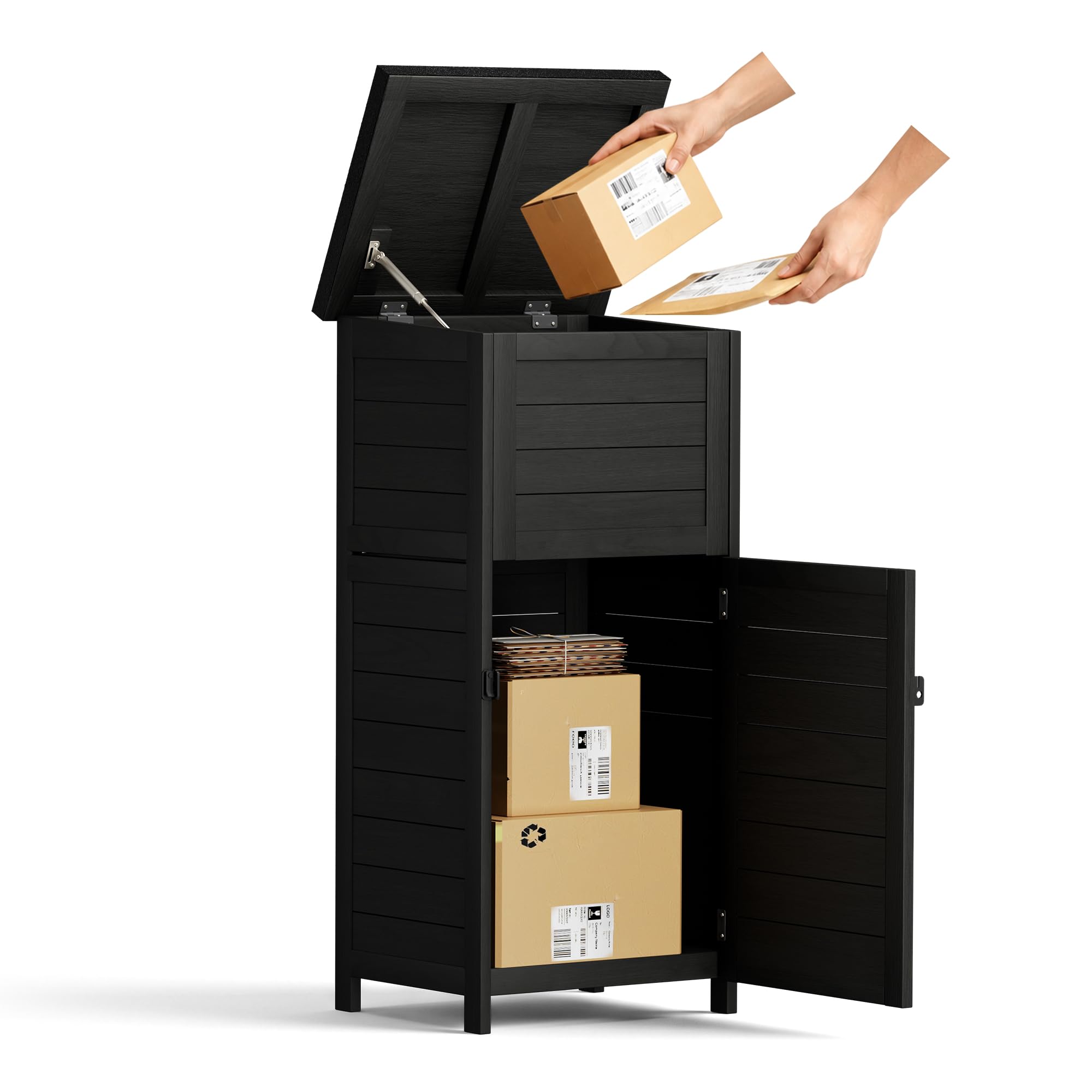 Pamapic Paketbox, Extra Große Briefkasten mit Paketfach den Außenbereich, Bodenmontiert, Abschließbar, Wetterfeste Paketbriefkasten Holz mit Klappdeckel, Schräger Oberseite, 50x49x114 cm, Schwarz