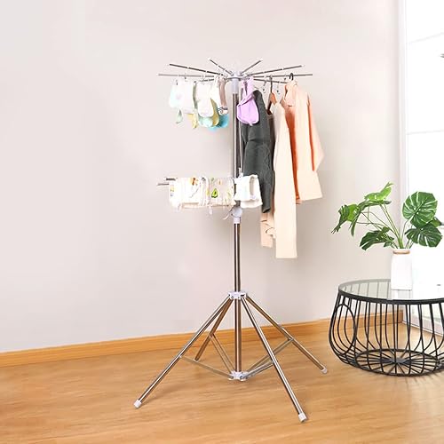 Miniatura 9 de Hershii Estante de secado de ropa plegable de 2 niveles para interiores y exteriores, soporte plegable para colgar ropa, ahorro de espacio con