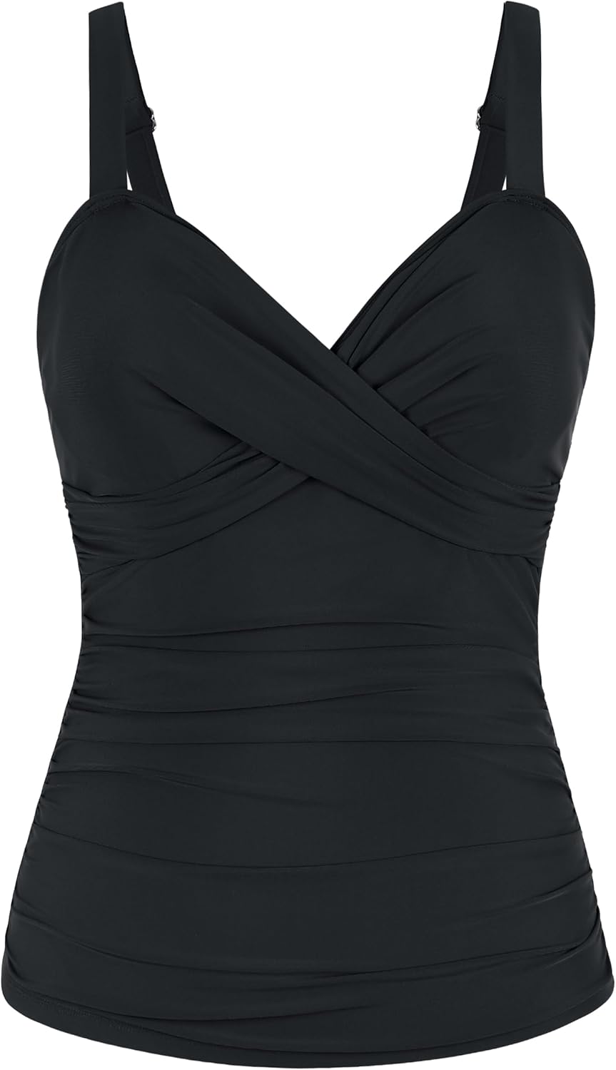 Firpearl Womens Underwire Tankini Top Only Twist V Neck Swimsuits for Big Busted Ruched Tummy Control Bathing Suit Tops - Image 3