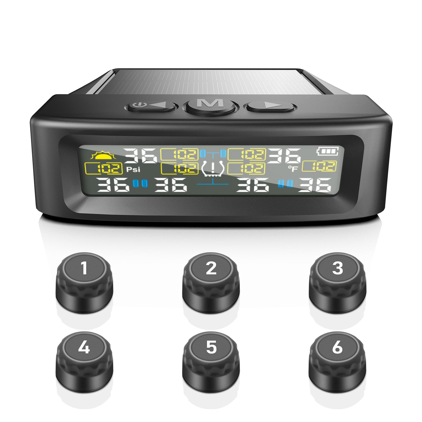Sistema de control de presión de neumáticos KAOLALI compatible con 6 ruedas, con monitor de presión de neumáticos con pantalla digital, 9,9 bares/144 PSI máx., carga solar y USB, para camiones