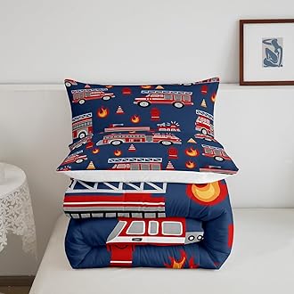 Feelyou Cartoon Car Bedding Set Fire Truck Comforter Set for Kids Boys Girls Teens Room Decor Firefighter Comforter Firemen Car Vehicle Fire Engine Blue Red Duvet Set 3Pcs Queen Size