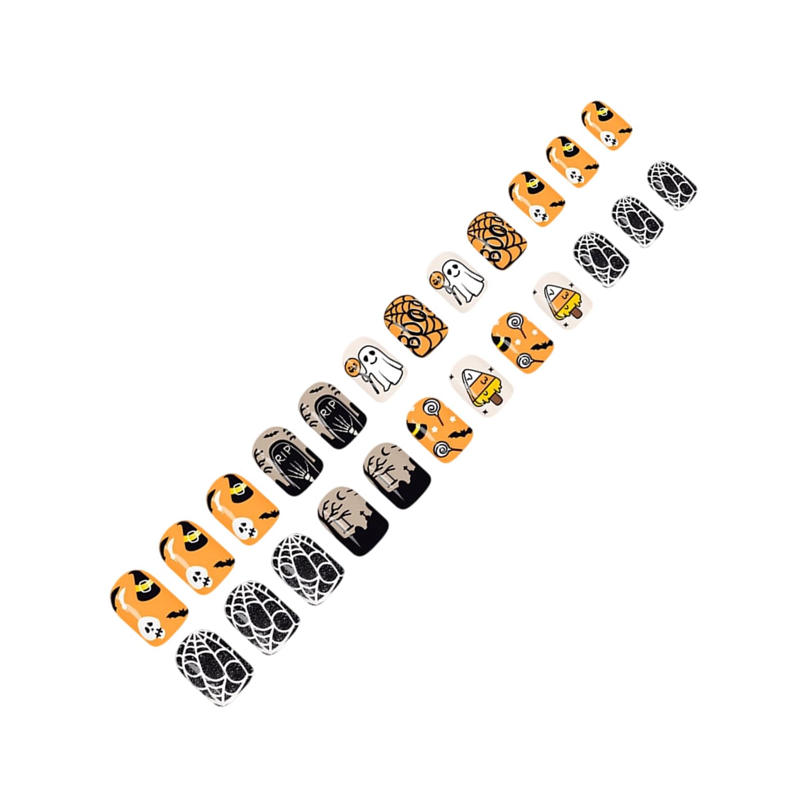 fexxkg 24Pcs Halloween False Nails Bat Horror Web Tombstone Witch Hat Design ABS Fake Nails Set for Party