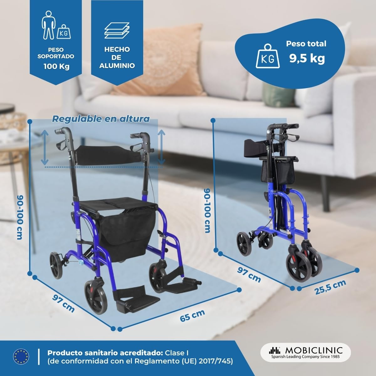 Mobiclinic, Modelo picasso, Andador para mayores, Minusválidos, Adultos o ancianos, Rollator, Caminador, Aluminio, Ligero, Plegable, Con asiento y 4 ruedas, Azul