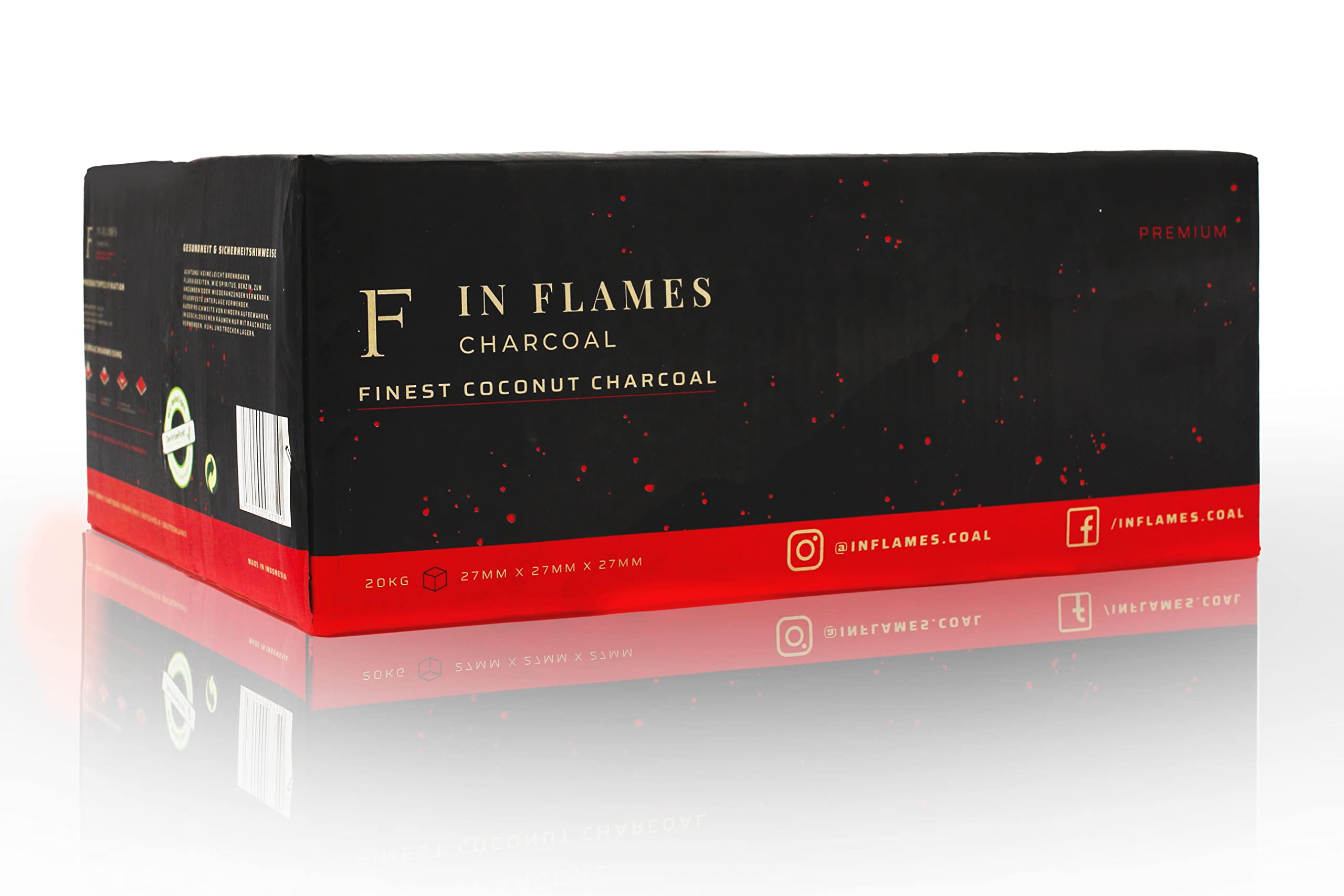 In Flames Węgiel 20 kg – bardzo długi czas palenia – wysokiej jakości brykiety kokosowe 27 mm – do grilla – 27 mm kostki węgla kokosowego