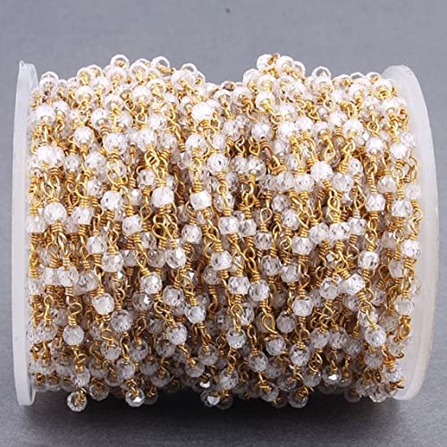 Chaîne perlée zircon 3mm blanc avec maillons en fil de métal précieux plaqué or 24k durable