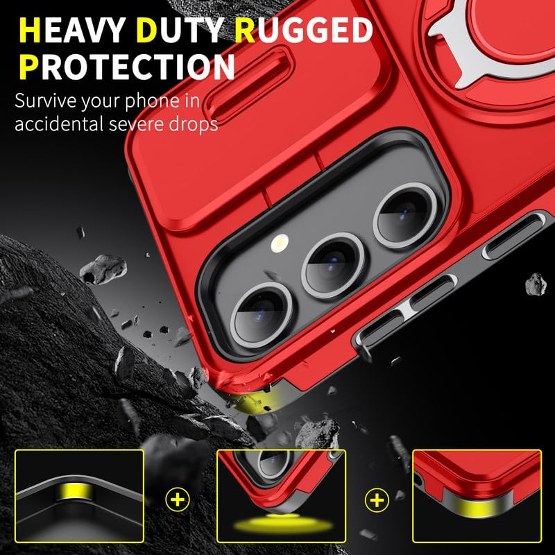 Image of LuxuryKase Shockproof Rugged Case for Samsung Galaxy S24 | Slide Camera Cover | 360 Rotating Ring Kickstand | Military-Grade Protection - Cherry Red