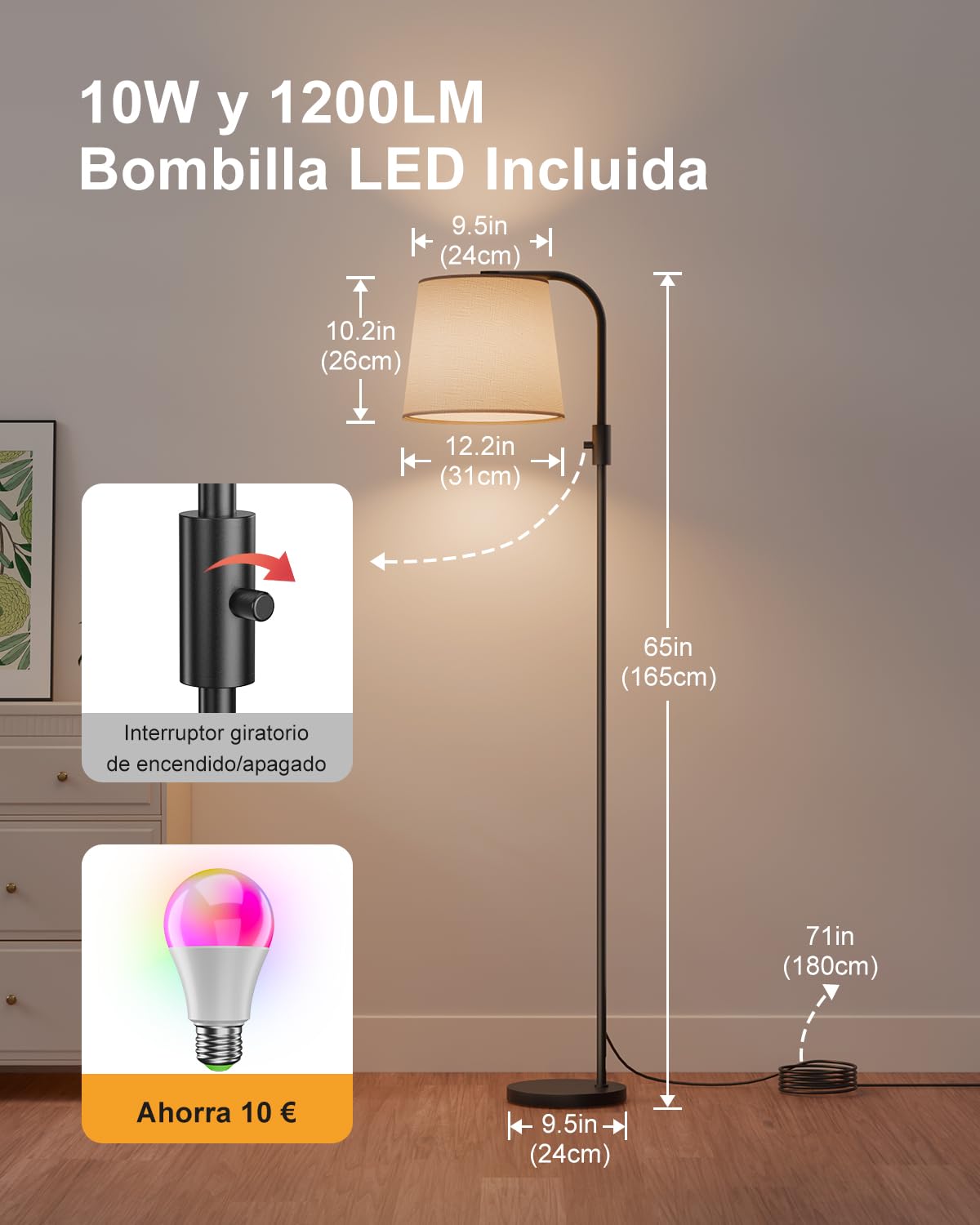 DUSKTEC Lámpara de Pie Arco Inteligente para Salón, Compatible con Alexa y App, Cambio de color RGB, Regulable 1%-100%, Blanco 2700K-6000K, Sincronización con Música,10W 1200LM, Pantalla de Lino 350°