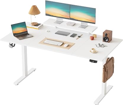 Klicelor Electric Height-Adjustable Desk with Movable Monitor Stand, 160 x 80 cm Sit-Stand Desk with 2 Memory Buttons and 4-Piece Table Top, Computer Desks, White