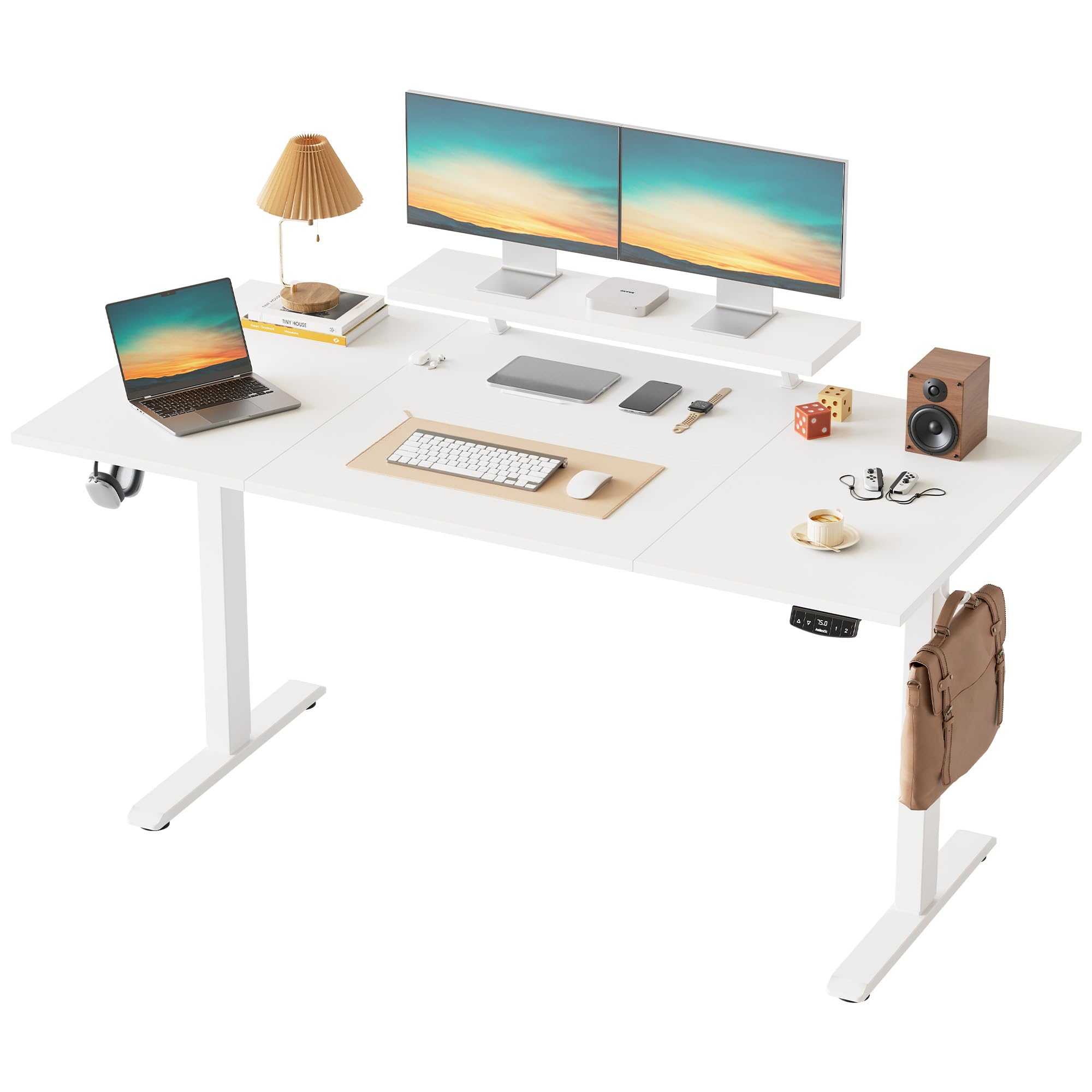 Klicelor Electric Height-Adjustable Desk with Movable Monitor Stand, 160 x 80 cm Sit-Stand Desk with 2 Memory Buttons and 4-Piece Table Top, Computer Desks, White