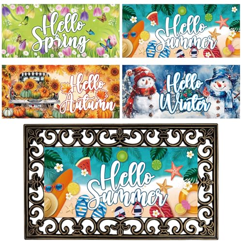 4Pcs Doormat Inserts Seasonal Door Mat Inserts Interchangeable Entrance Doormats Holiday Welcome Doormat Hello Spring Summer Fall Winter Door Mat for Front Door Outdoor Indoor Decor 22 x 10 In Vivid