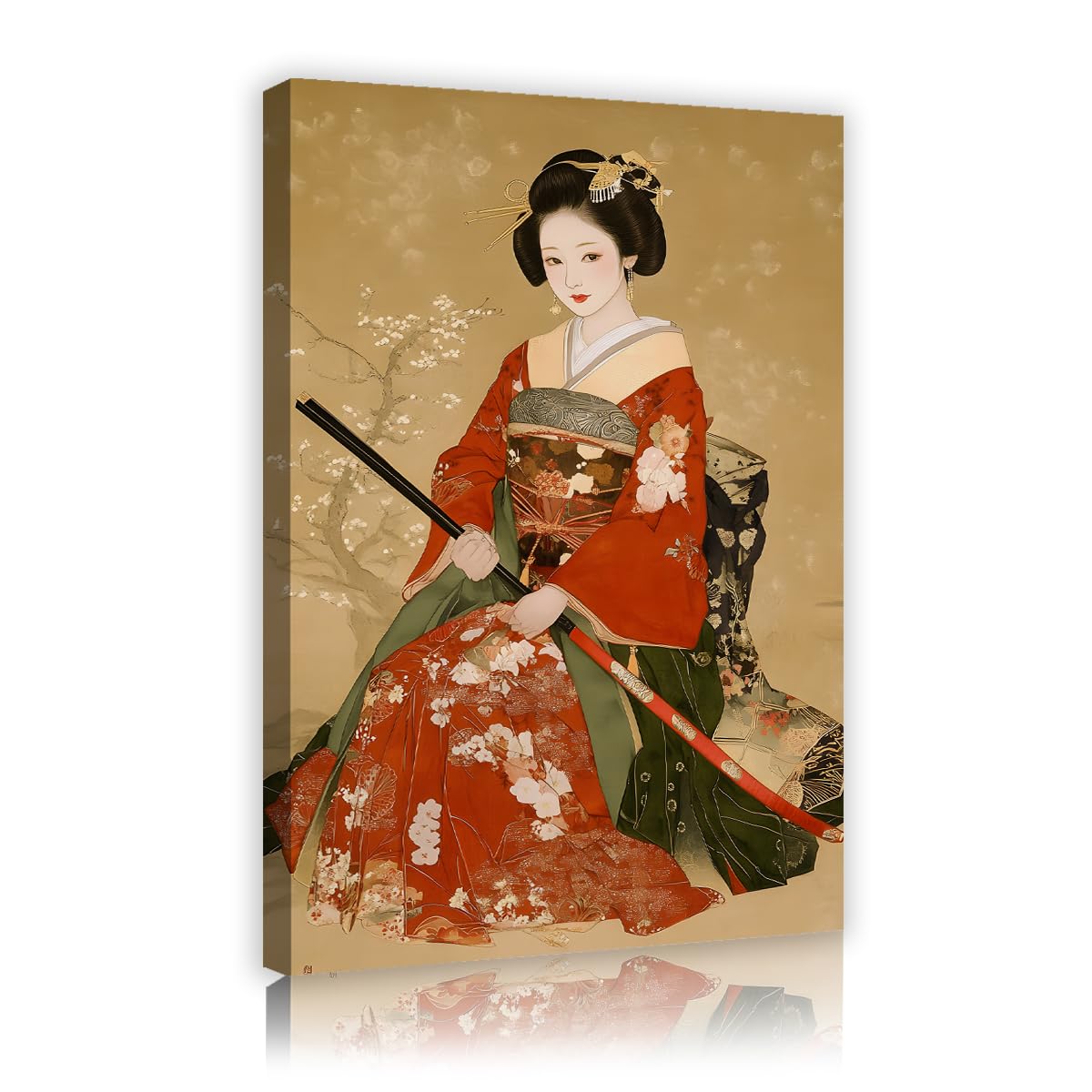 Via Vela Antique Ukiyo-E Framed Canvas Wall Art Elegant Japanese Kimono Woman Pictures Japan Geisha Asian Aesthetics Stretched Painting Artwork for Home Office Kitchen Decor Ready to Hang 80x120cm