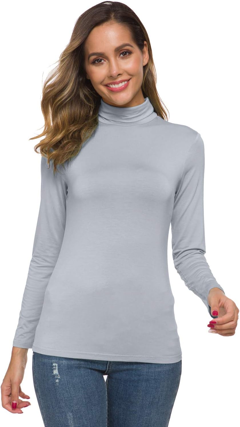 POPZONE Womens Soft Long Sleeve Slim Basic Turtleneck Lightweight Pullover Tops Silver Grey XX-Large