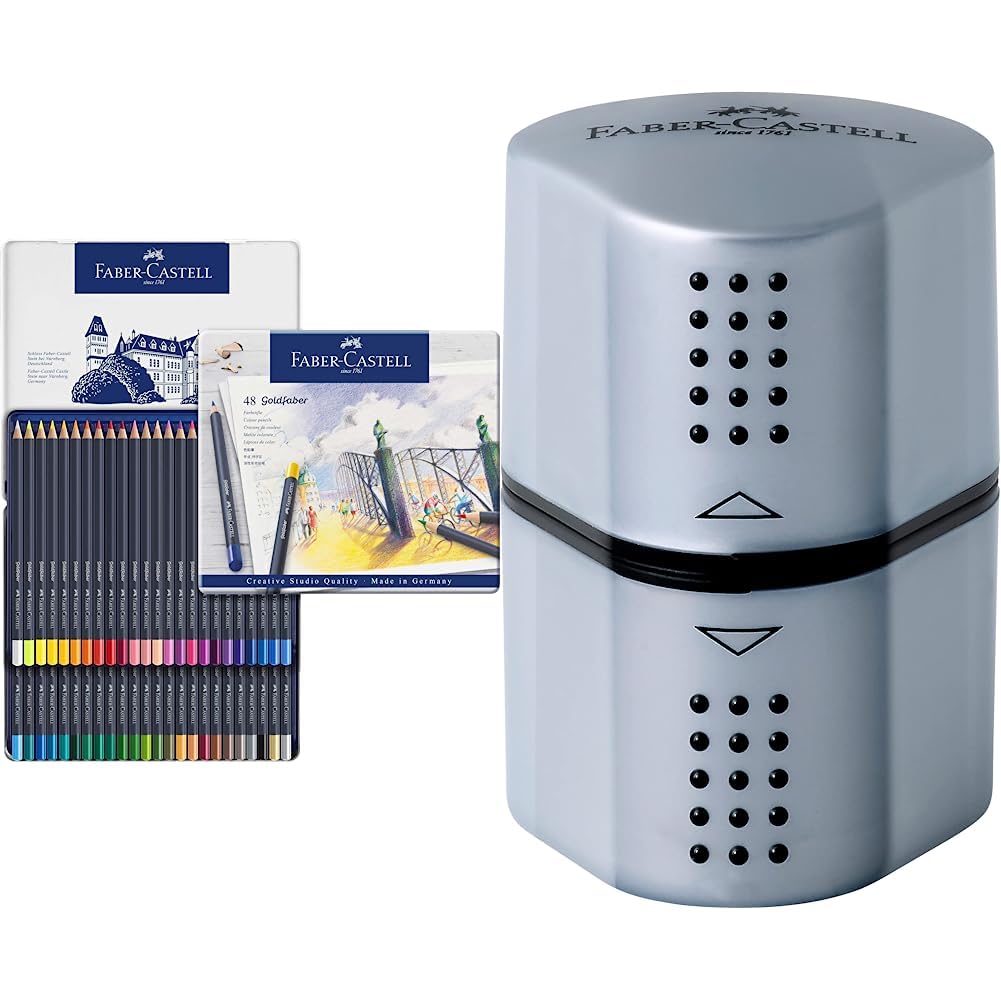 Faber-Castell - Farbstifte mit permanenter Ölkreidemine Goldfaber, 48er Set & Dosenspitzer Grip 2001, 3in1, Anspitzer mit Behälter für Blei- und Buntstifte, Silber