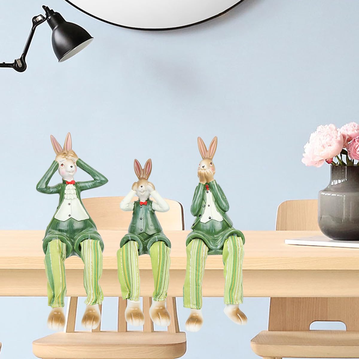 EHOTER 3PCS Cute Sitting Rabbits with Dangling Legs, See Hear Speak No Evil Figurines Bunny Family Statue Shelf Sitters Resin Handicraft for Home Office Decoration (Green)