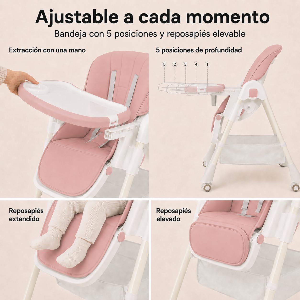ALMAR Baby Trona de bebe evolutiva, plegable, elevable y reclinable con bandeja extraible color Rosa