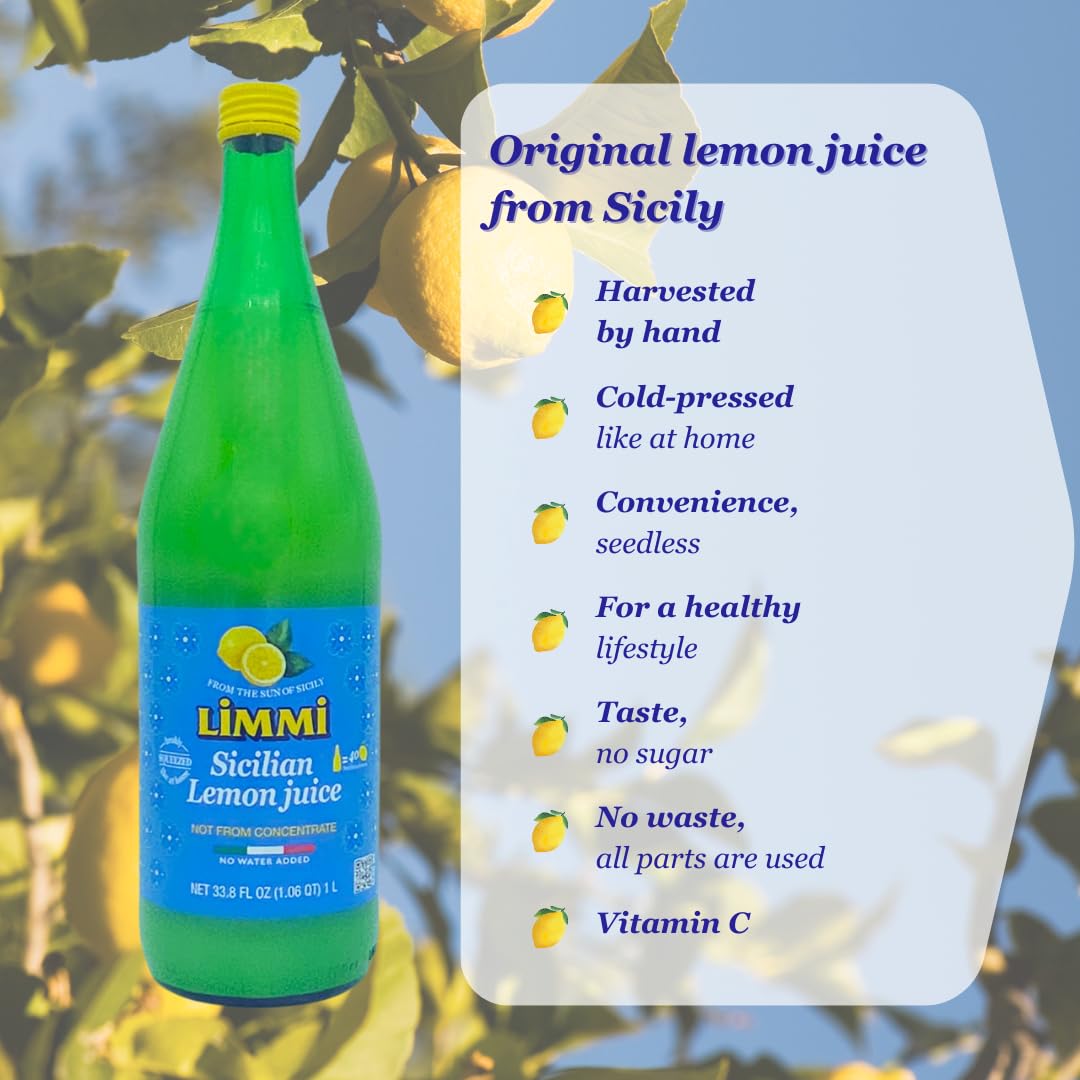 Limmi Sicilian Lemon Juice, 33.8 fl oz (1L) Glass Bottle | 100% Freshly Squeezed, Not from Concentrate | Authentic Italian Lemon Juice, Just Like Homemade [Pack of 2]