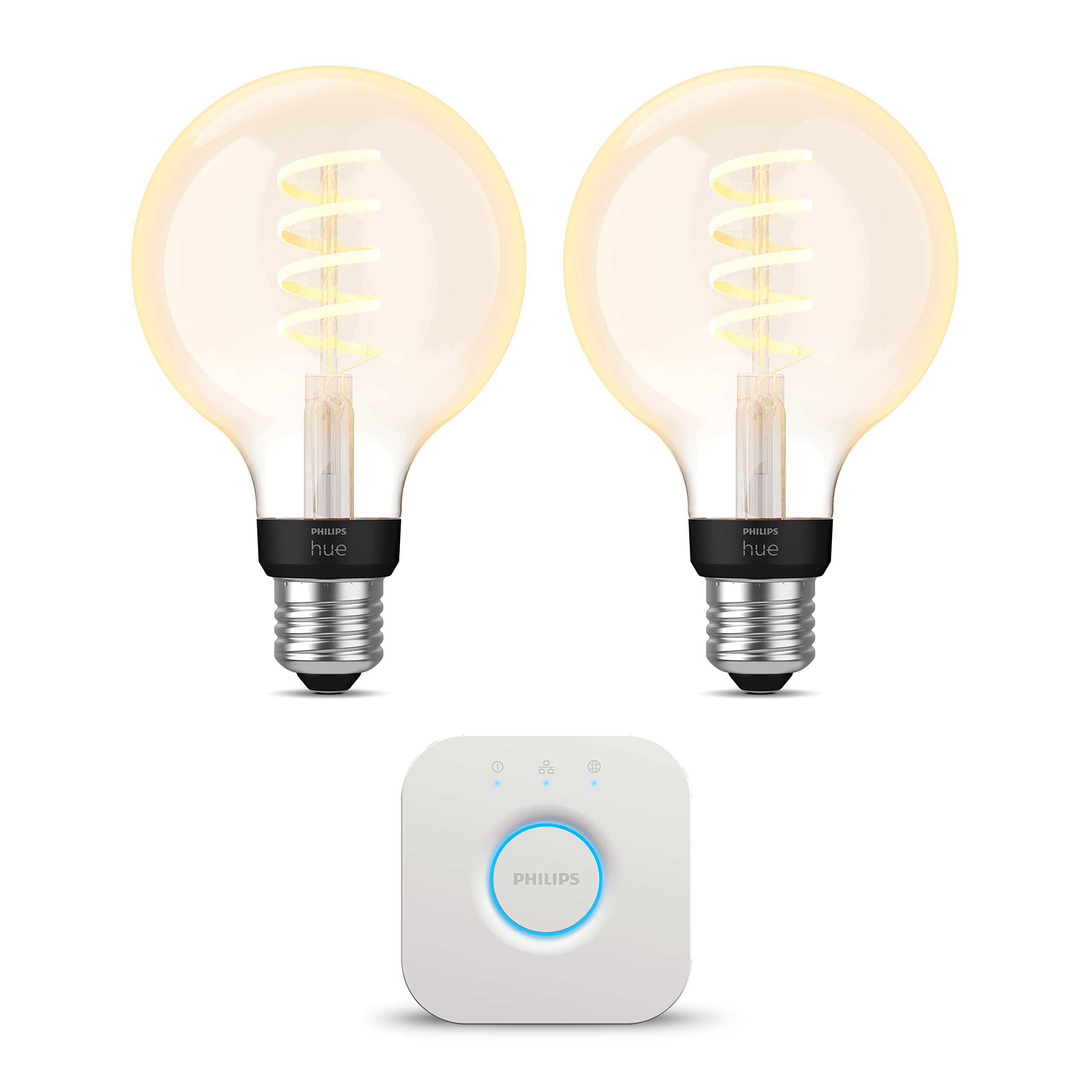 Philips Hue Starterpaket - E27 - mit 2 Filament Globe Lampen Klein (G93) - Warm bis Kaltweißes Licht - inkl. 1 Hue Bridge - Hue White Ambiance Filament