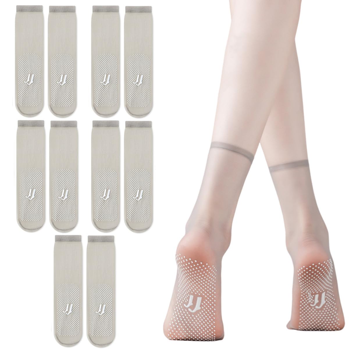 TouKingda 5 Pairs Sheer Ankle High Pop Socks for Women, Ultrathin Invisible Crystal Silk Sock, Anti-slip Bottom Silky Breathable Hosier Summer Nylon Socks Match with Heel Sneaker Skirt Dress (Grey)