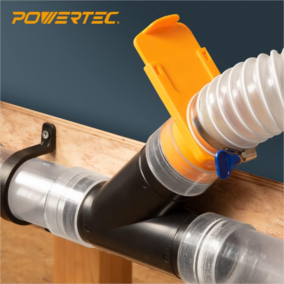 POWERTEC 70430 PVC-Staubsammelschlauch, flexibel, transparent, mit 10,2 cm bis 6,4 cm Schlauchkegel-Reduzierstück und 10,2 cm Armaturen-Set mit Anschlüssen, Strahltoren und Schlüssel-Schlauchschellen