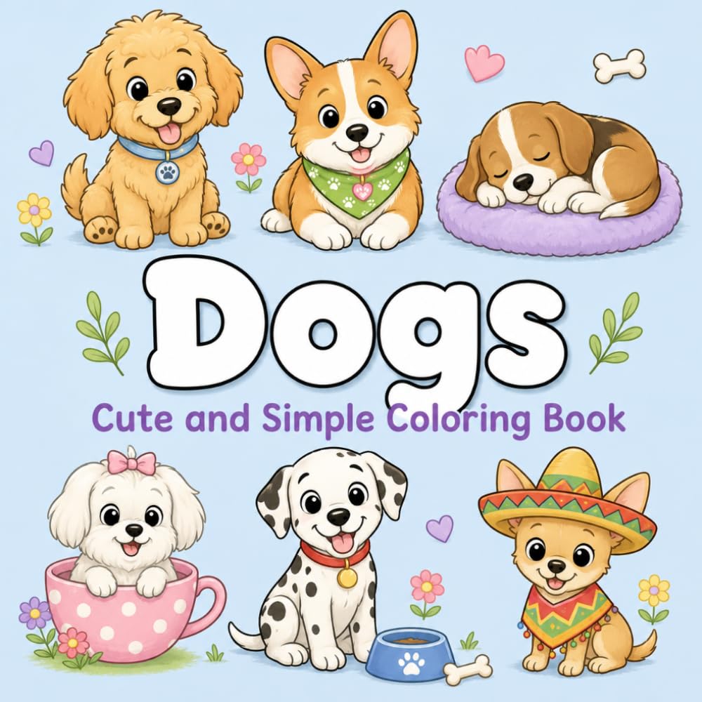 Dogs: cute dog coloring book, puppy coloring book for kids, easy dog coloring pages, simple animal coloring book, dog lover gifts, puppy activity ... book ages 4 8, dog coloring book ages 8 12,