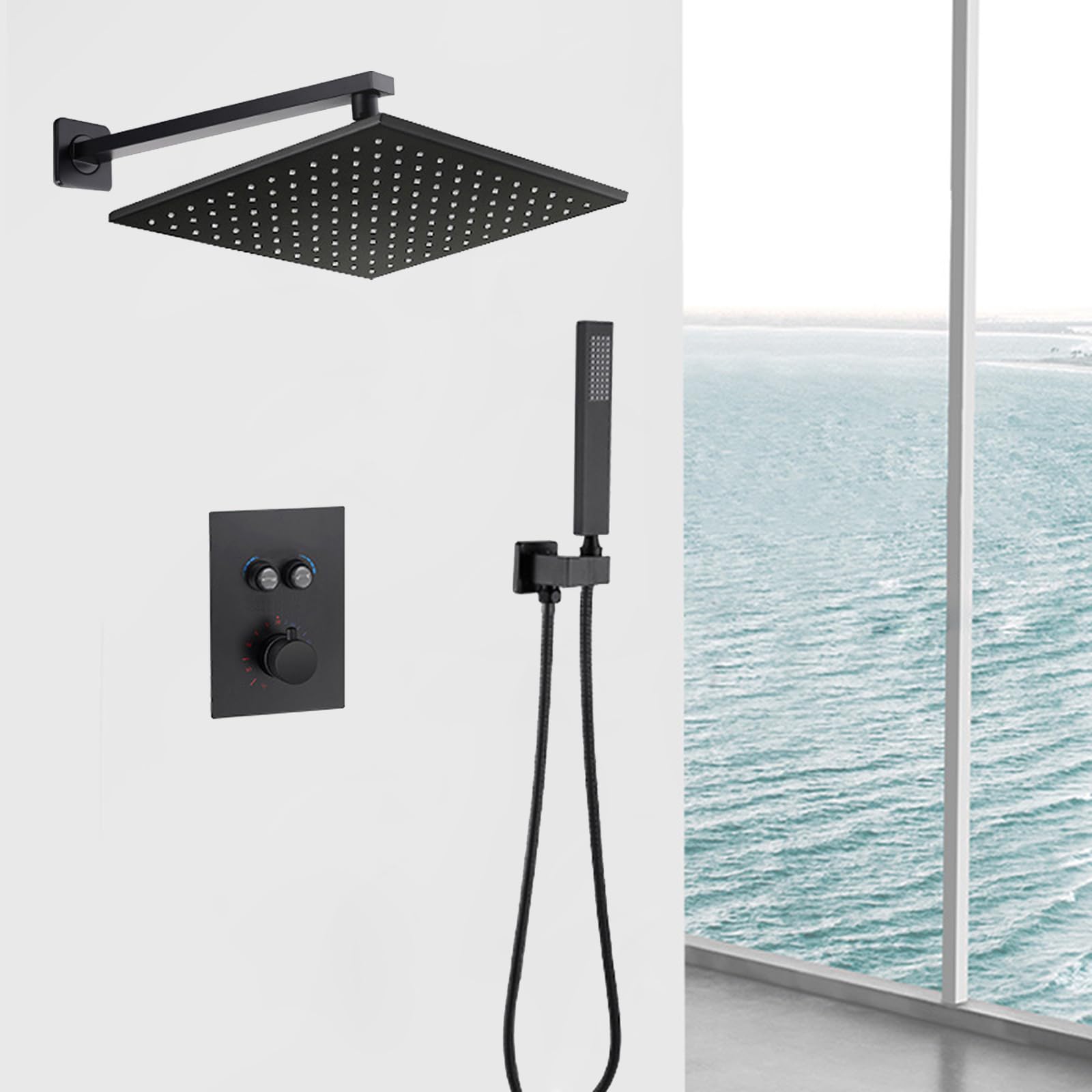 Système de douche encastré carré noir en laiton avec tête de douche 30 cm