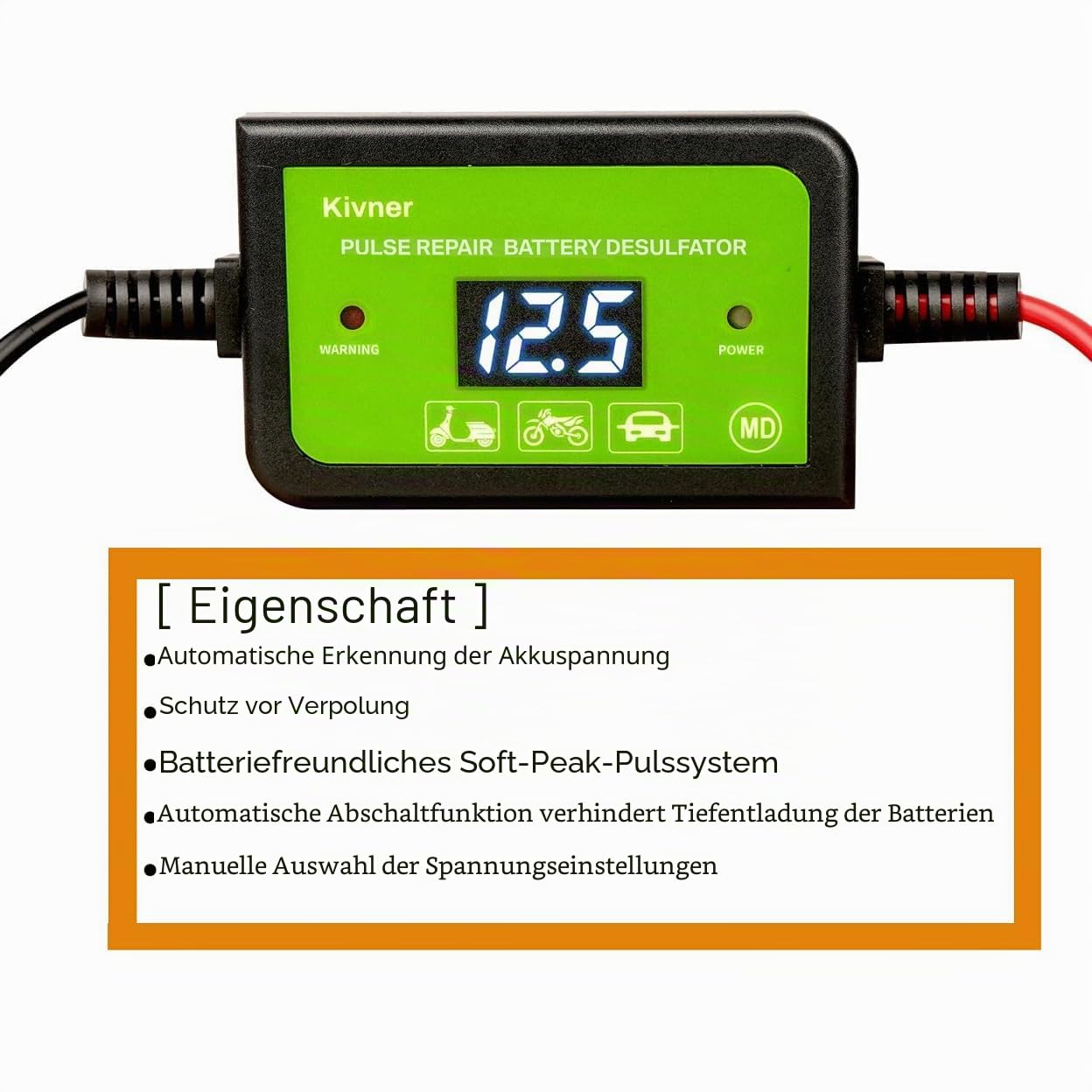 Batteriepulser 12V/24V/36V/48V Automatik - Bleiakku Regenerator & Desulfatierer für Auto, Motorrad, Wohnmobil & Solar-Systeme bis 200Ah - Verlängert die Lebensdauer (Modell KVN-BTF48-70)