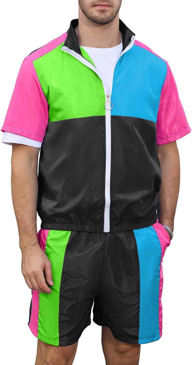 Yisfri Men's 80s 90s Outfit Vintage Windbreaker Jacket Track Suit Disco Outfits Workout Set Medium Black