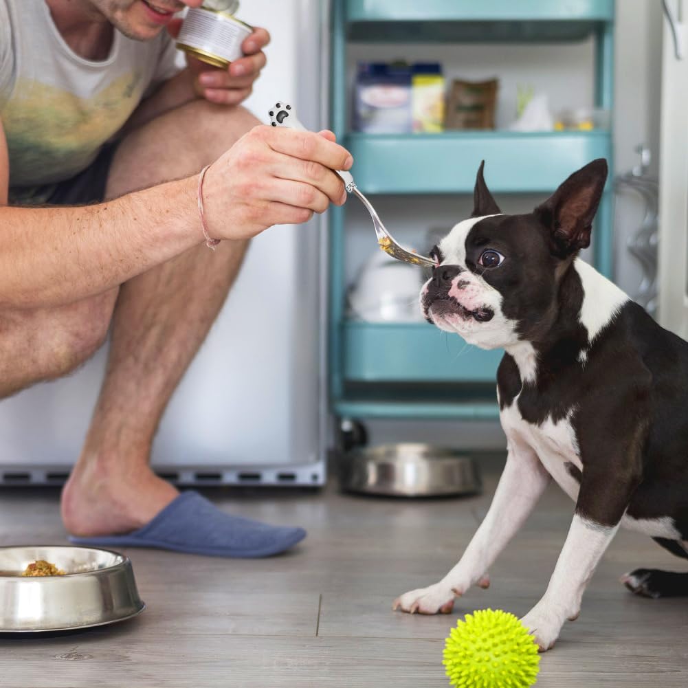 Cuchara de comida para mascotas 7 pulgadas, 2 paquetes de cucharas de latas de mascotas largas y tenedores de comida para perros, tenedores de cucharas de comida para gatos de acero inoxidable, tenedo