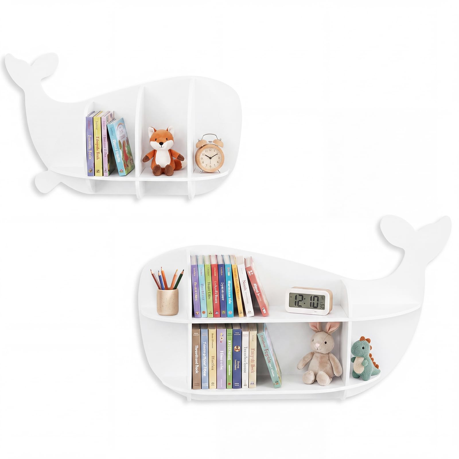 COSTWAY Set di 2 Mensole da Muro per Bambini a Forma di Balena in Legno | Libreria da Parete con Scomparti, Antiribaltamento e Bordo Protettivo, Decorazione per Cameretta, Soggiorno e Sala Giochi