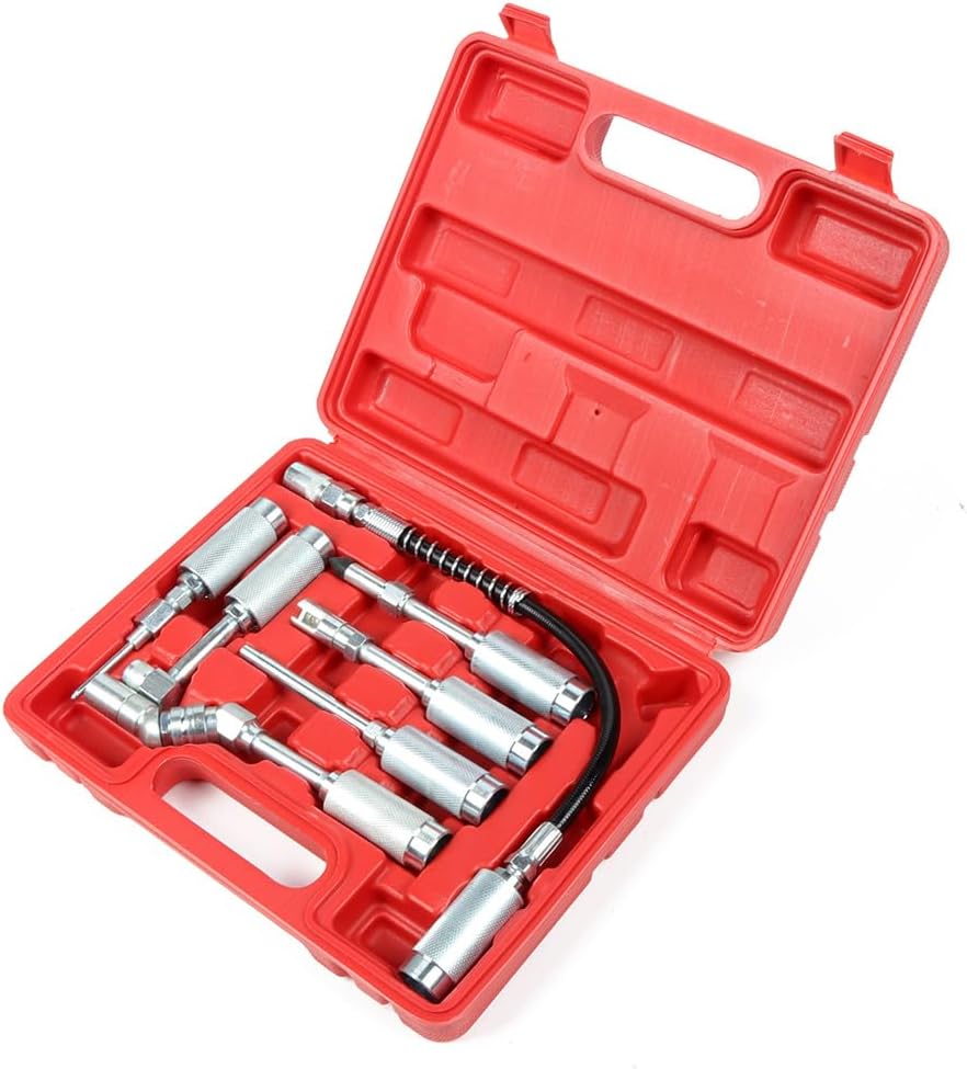 ECCPP 7 PCS Grease Gun Adapter Set Lubing Hose Fitting Zerk Tip Assortment Kit with Grease Gun Hose