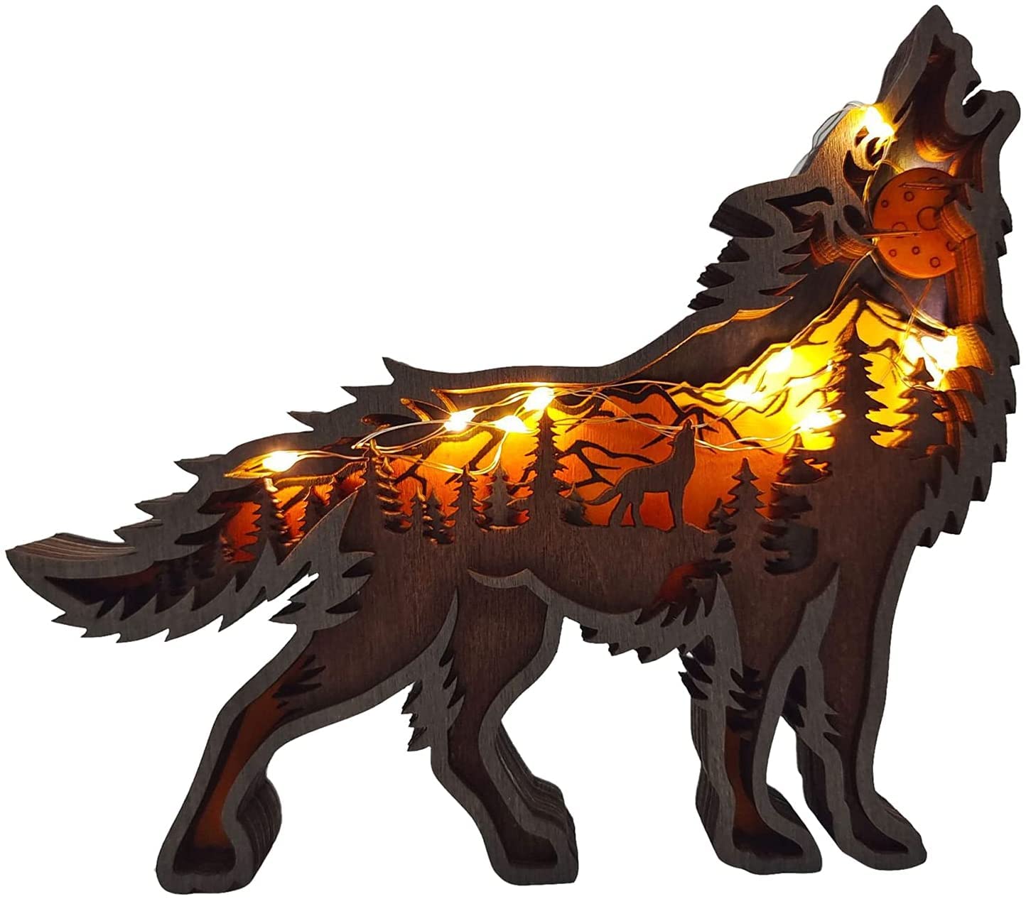 elemhome Wooden 3d Carving Animal Home Decoration Crafts 3D Forest Animal Wolf Sculpture Carving Handcraft Table Ornaments for Bedroom Christmas Thanksgiving Day Wedding Gifts (B(light string))