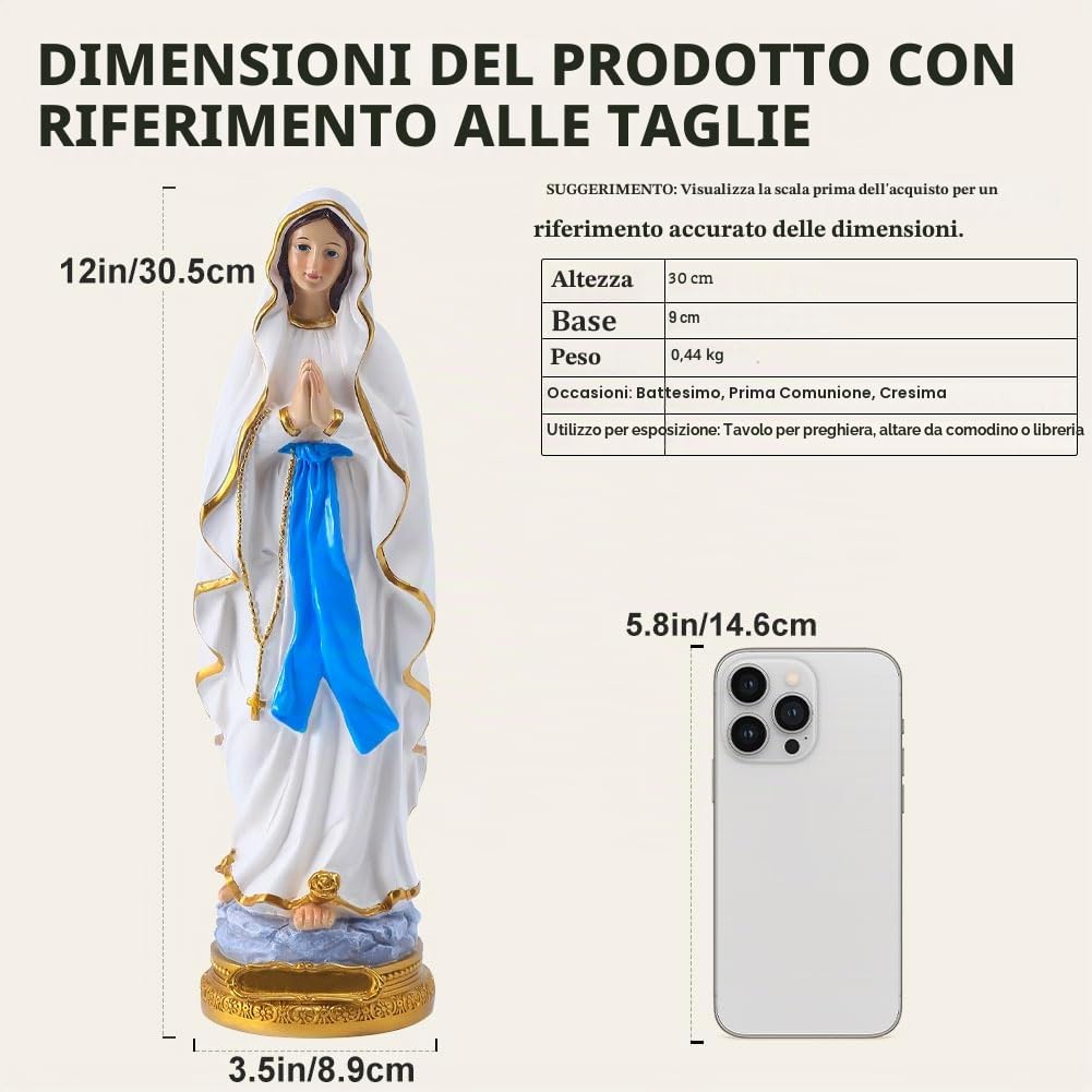 QIANLING Statua della Vergine Maria di Lourdes, statuetta cattolica della Beata Vergine Madre Maria da 30 cm, regalo cattolico in resina, decorazione religiosa adatta, spazio interno (30 cm), blu,