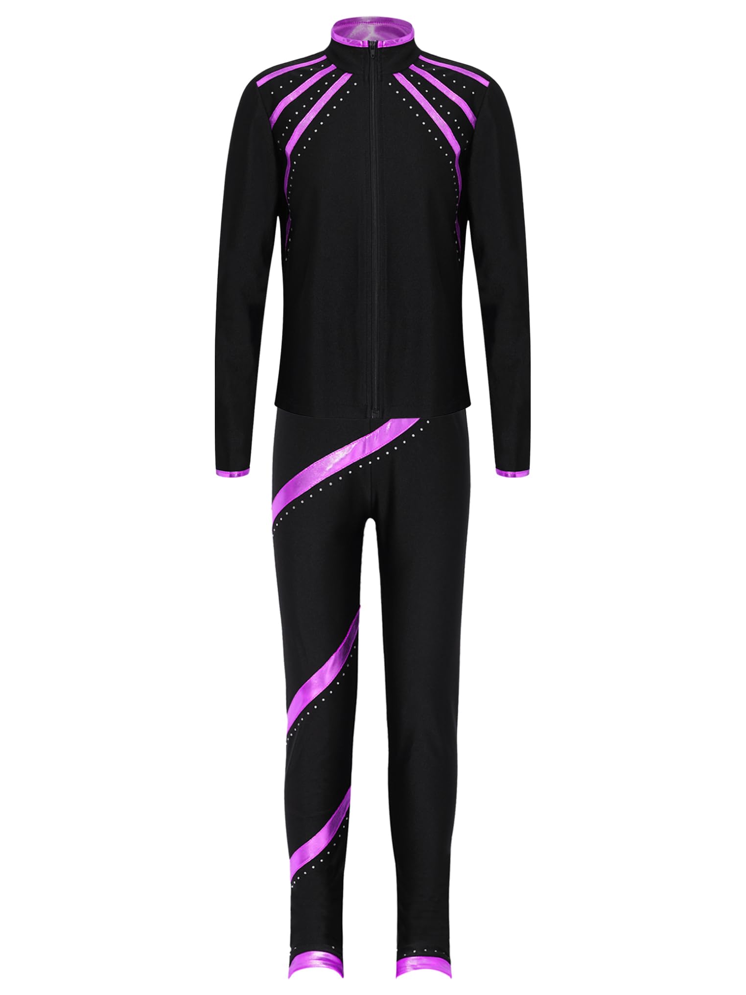 Tuta da Pattinaggio su Ghiaccio Bambina Paillettes Giacca Sportiva a Maniche Lunghe con Cerniera Giacca in Softshell Pantaloni da Allenamento Collant Skating