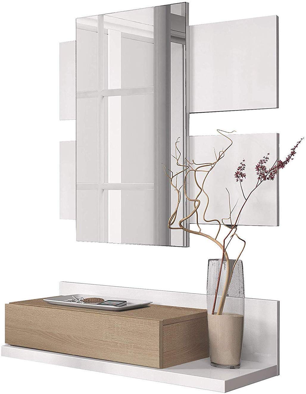 Bricozone Valdemossa Meuble d'entrée étagère Suspendue avec tiroir et Miroir ameublement Meuble Salle 75 x 29 x 20 cm Blanc et chêne