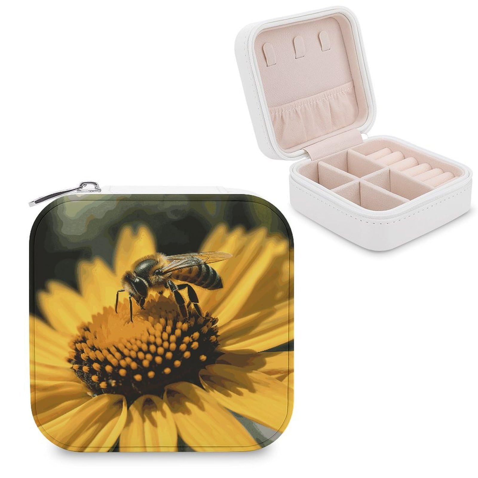 FekiLoot Yellow Flower with Black Bee Travel Jewelry Box Small Jewelry Organizer Storage Case Portable PU Leather Mini Jewellry Travel Case Necklace Ring Storage Organizer Gift for Women