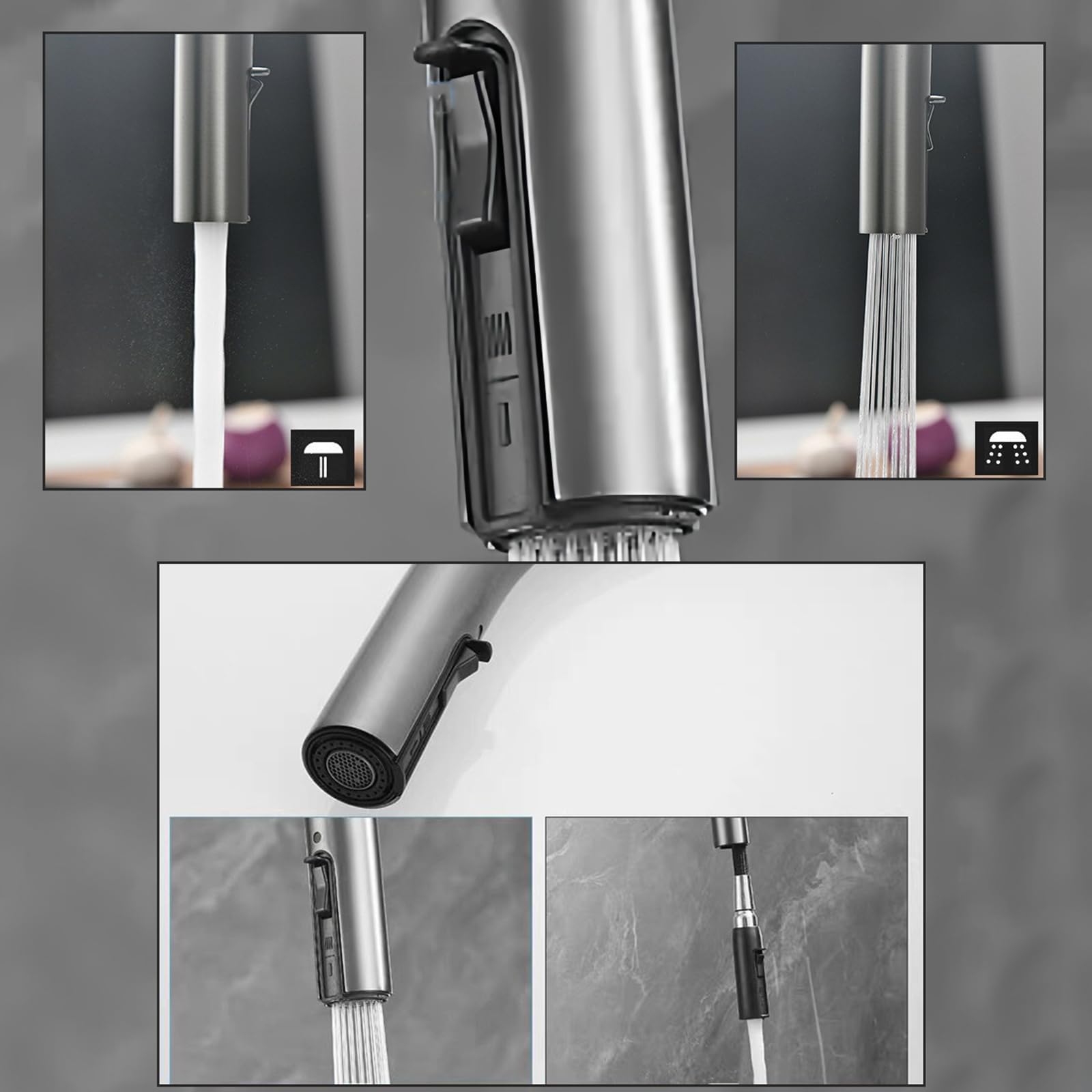 BiaoTeng Grifo Cocina para Fregadero 2 Salidas con Ducha Extraible Giratorio 360 Grados agua Fría y Caliente Grifo de Cocina Fregadero Extraible Laton Gris