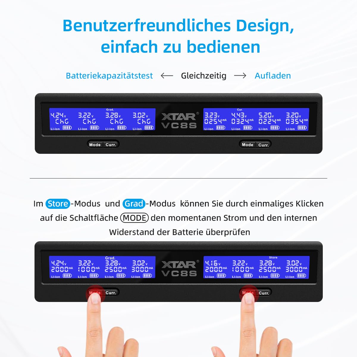 XTAR VC8S 18650 Universal Akkuladegerät USB C Schnellladegerät mit LCD-Display, Kapazitätsprüfung und 8 Ladeslots für 1.2V AA 21700 26650 Wiederaufladbare Batterien – Baterieaufladegerät (VC8S KT)