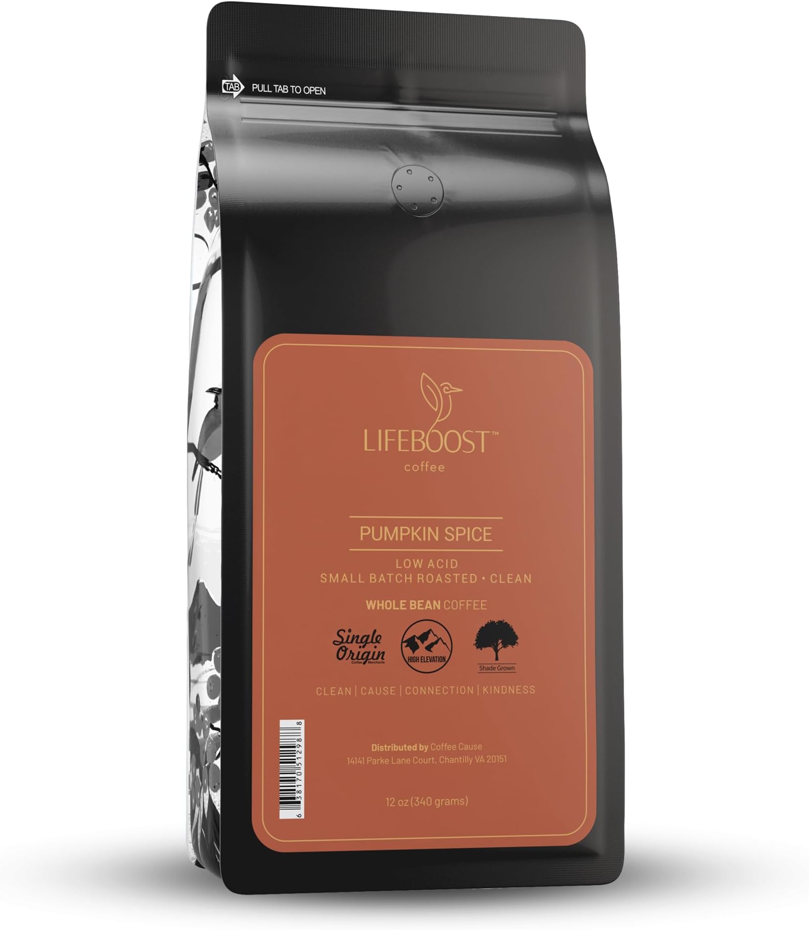 Lifeboost Pumpkin Spice Coffee Whole Bean – Organic, Low Acid, Non-GMO - Cozy Fall Time Blend – Single Origin Medium Roast, Mycotoxin-Free Flavored Coffee, 12 oz