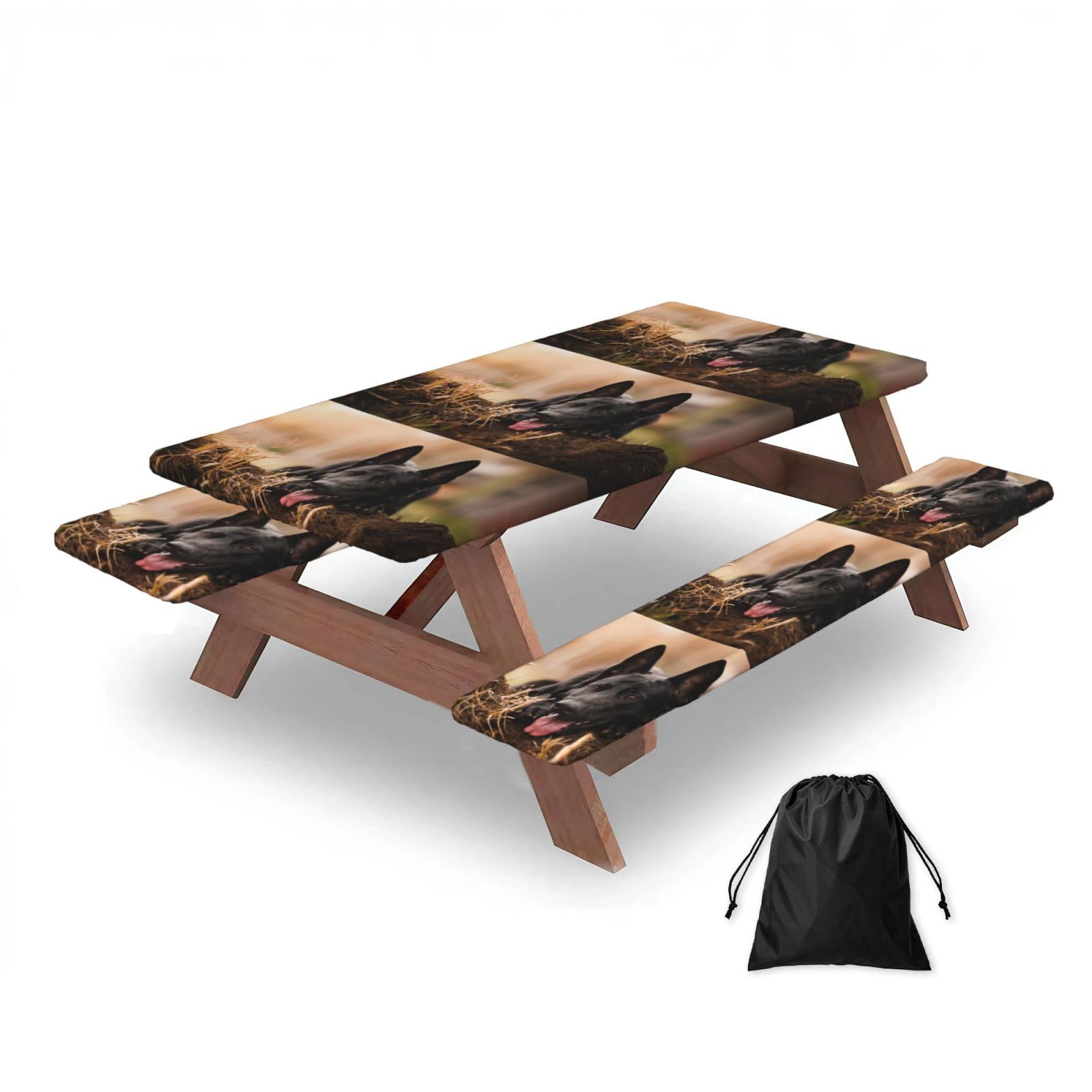 Dopklna As Picture Black German Shepherd Lawn Bokeh German, Picnic Table Cover With Bench Covers -Waterproof Elastic Fitted Tablecloth For Garden Camping Patio 76X152cm