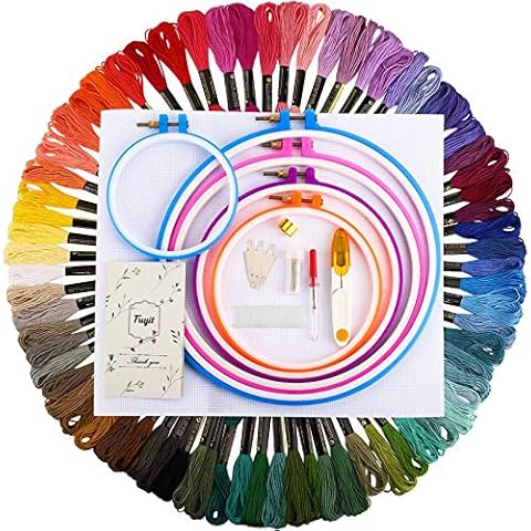 Fuyit Embroidery Starter Kit 134pcs Cross Stitch Tool Kit with 72 Colours Embroidery Thread, 5 Pieces Plastic Embroidery Hoops, 45cm x 30cm 14 Count Classic Reserve Aida and Other Necessary Tools Cover