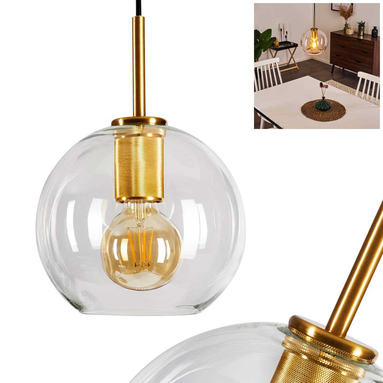 HOFSTEIN Hängeleuchte Karo, 1-flammige Hängelampe aus Metall/Glas in Goldfarben/Klar, moderne Pendelleuchte im Retro/Vintage-Design, Ø 18 cm, Höhe max. 125 cm, E27, Esszimmer, Küche, Wohnzimmer