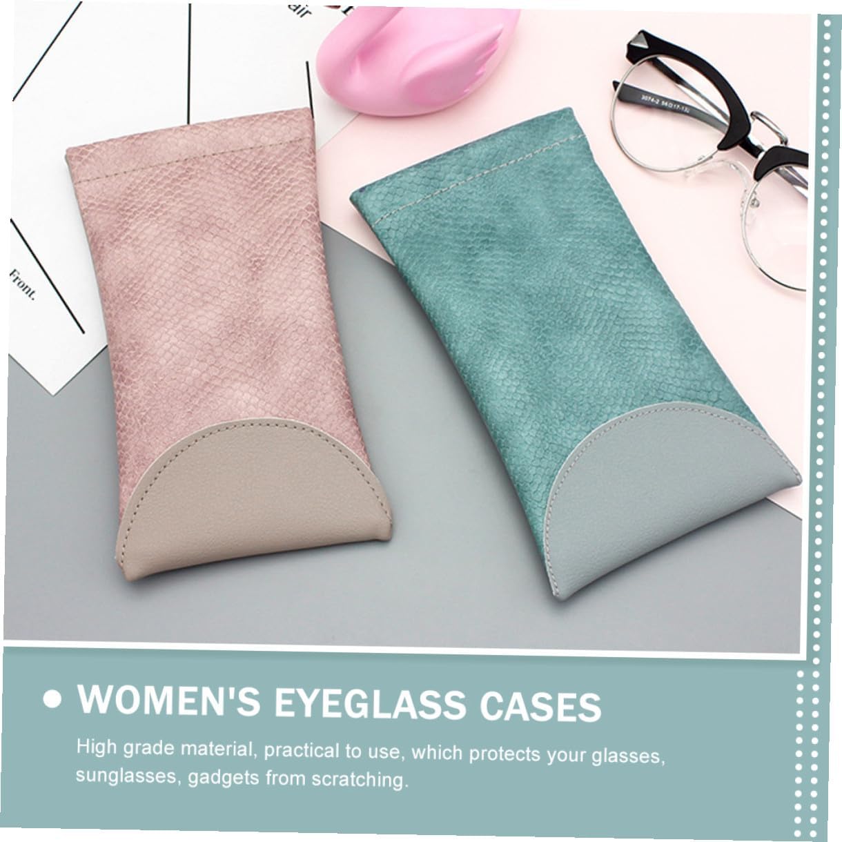 OUNONA 2pcs Leather Eyeglass Case Double Glasses Soft Sunglass Sleeve Portable Storage Bag with Automatic Closure for Men and Women, Compact Travel Eyewear Organizer in Blue and Purple image 3