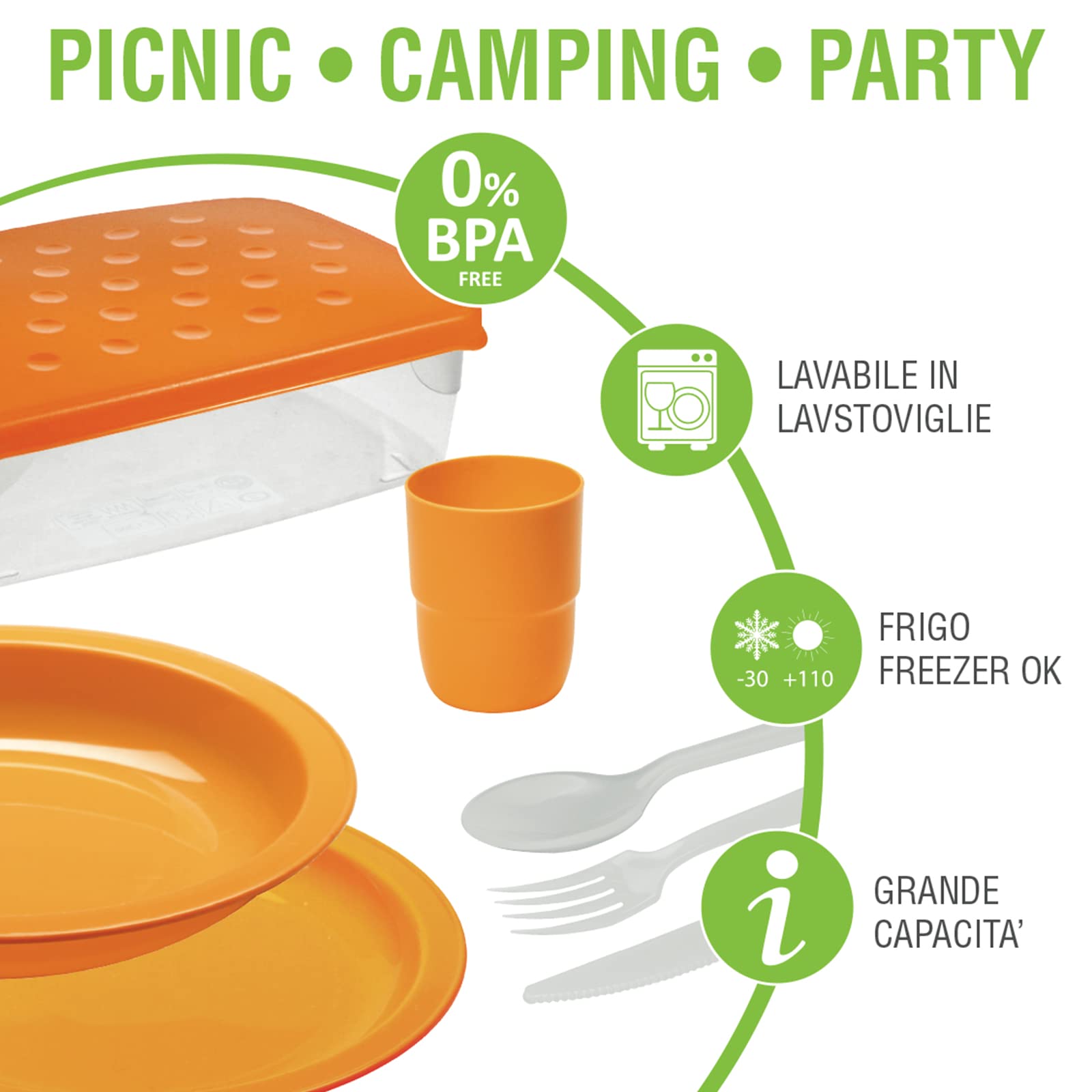 Cosmoplast Set picnic stoviglie per 4 persone - 25 pezzi - riutilizzabile, infrangibile - Campeggio e Feste - 100% Made in Italy - 0% BPA