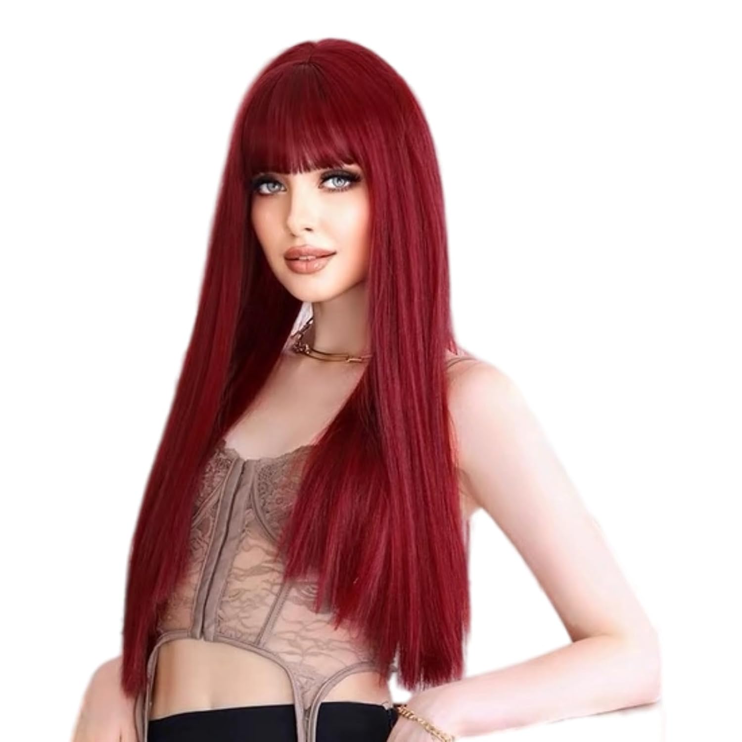 Long Straight Hair Wig for Women - Full Cap Coverage with Natural Volume, Full Bangs, 8 Colors (Blue)