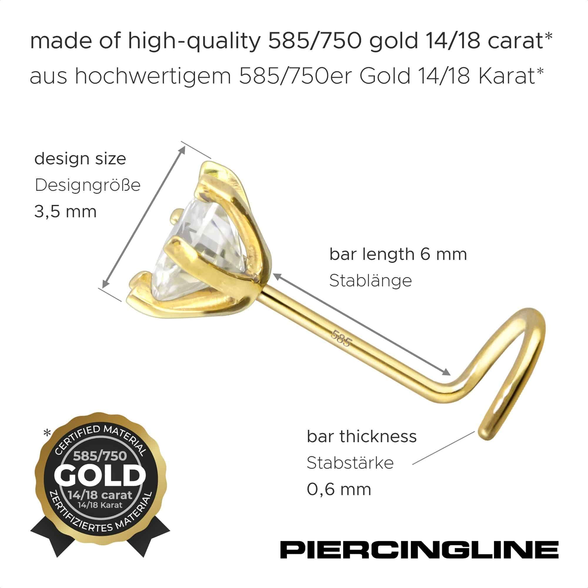 PIERCINGLINE Piercing para la nariz en espiral, de oro 750, 18 quilates, cristal de 3,5 mm, varios colores